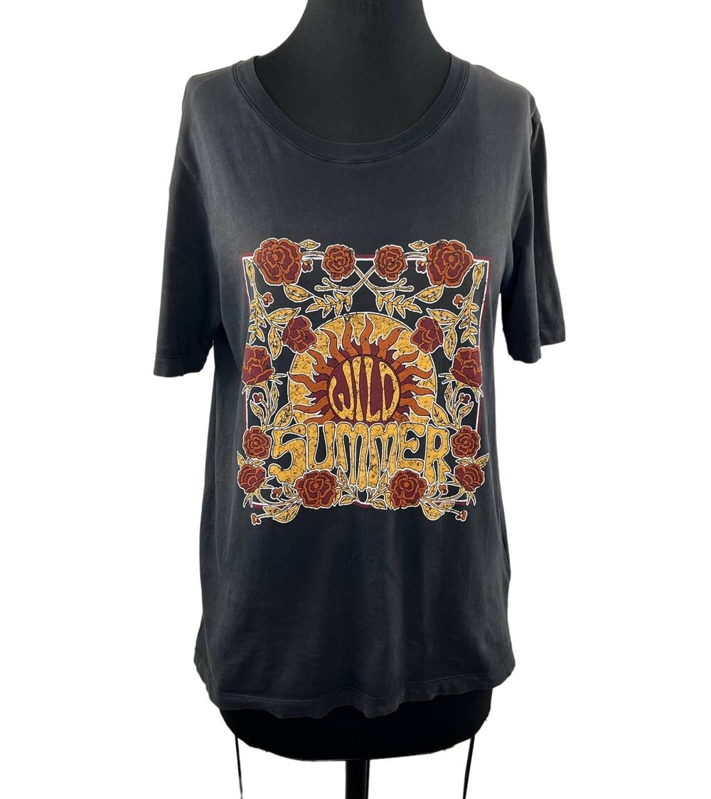 SANDRO Black Orange Floral Wild Summer Cotton Women's Short Sleeve Graphic Tee M